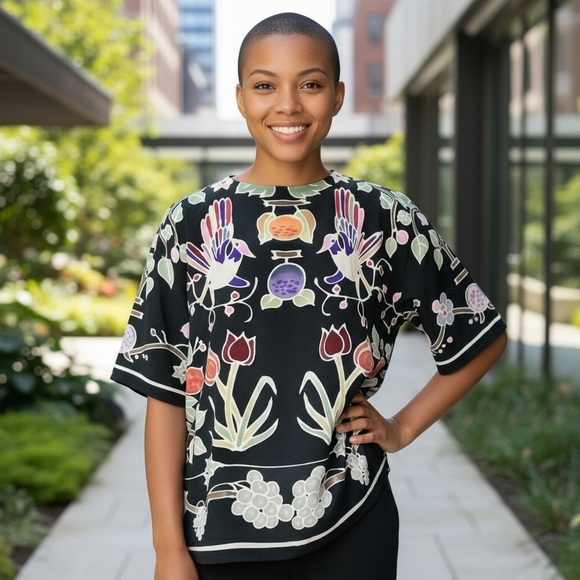 Vintage Art Waves Silk Floral Printed Tropical Bird Tunic, Oversized Small - Picture 11 of 11